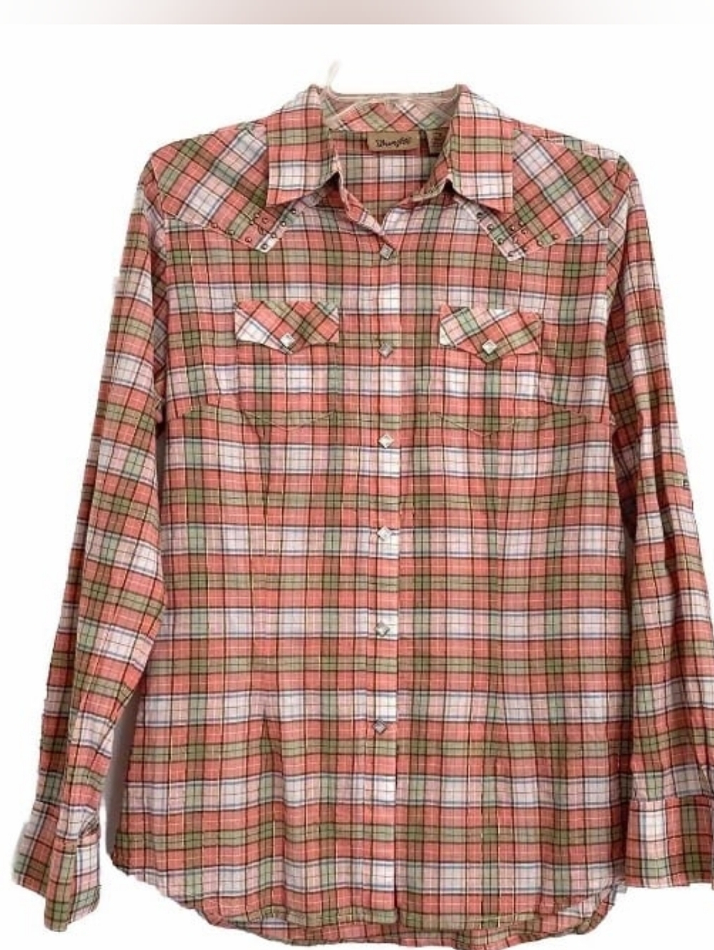Wrangler Plaid Western Faux Pearl Snap Shirt Studded & Metallic Threads